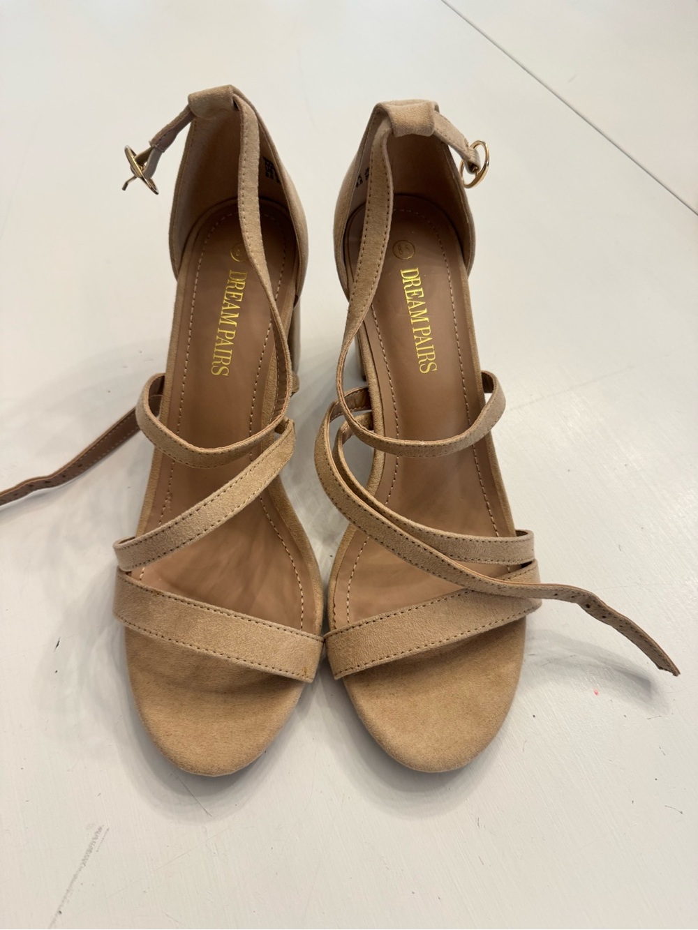 Dream Pairs Beige/Tan Strappy Ankle Wrap Heels